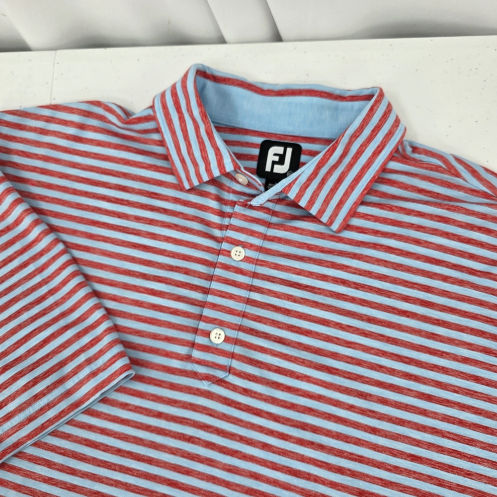 FootJoy Polo Shirt Mens 2XL Red Blue Striped Golf Short Sleeve No Club‎ Logos.